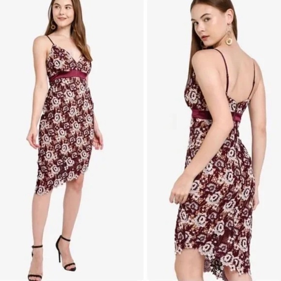 Bardot Dalia Burgundy Red Floral Asymmetrical Lace Dress – Size 12 - Picture 1 of 9